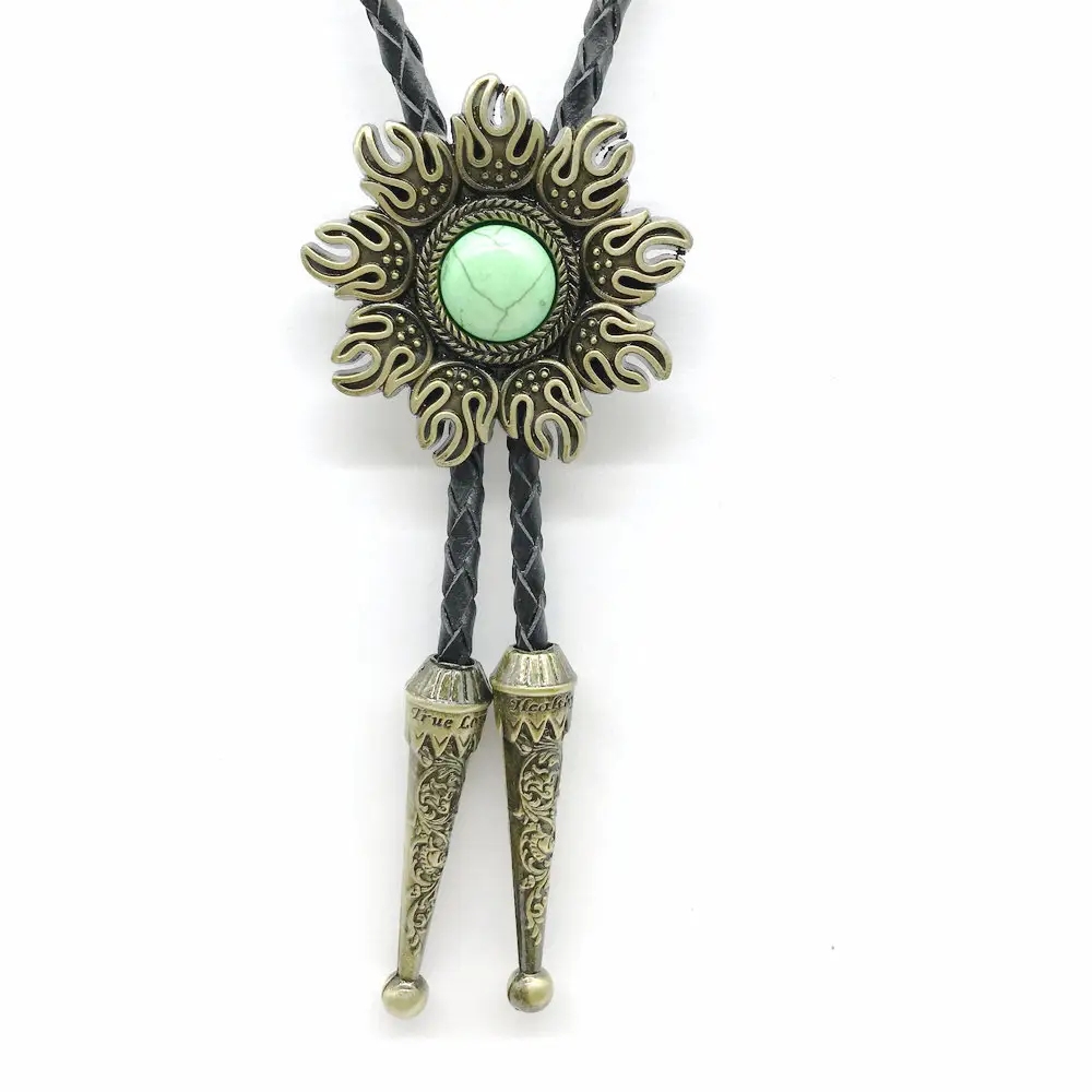 Antique Silver Cutout Lace Native Western Acessórios Corda De Couro Tieger Olhos Tie Bolo Turquesa Para Cowboy com flor