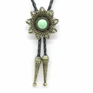 Antique Silver Cutout Lace Native Western Accessories Leather Rope Tieger Eyes Turquoise Bolo Tie For Cowboy With Flower