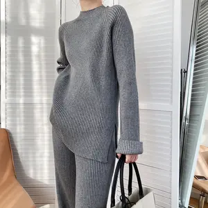 2022 उच्च गुणवत्ता कश्मीरी आरामदायक बुनना व्यापक पैर पैंट सेट बुनना काटने का निशानवाला स्वेटर सेट के लिए 2 टुकड़ा ऊन kitted सेट महिलाओं