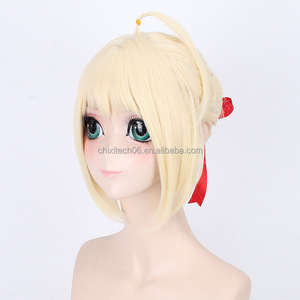 Peluca de cosplay de <span class=keywords><strong>Fate</strong></span> <span class=keywords><strong>Stay</strong></span> <span class=keywords><strong>Night</strong></span> Saber, versión recogida con mechas doradas, versión oscurecida - Product Image 4