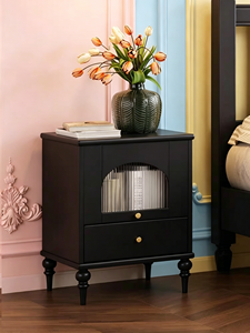 Premium Black Solid Wood Nightstand French Vintage Fluted Glass Door 2-tier Storage Bedroom Furniture Stable Turned Legs <b>Bedside</b> - Product Image 6