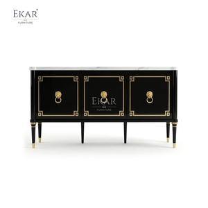 Aparador con Tapa de Mármol Noir <span class=keywords><strong>Leon</strong></span> |   Mueble de Salón con Anillo Decorativo de León Dorado <span class=keywords><strong>en</strong></span> Laca Negra Estilo Imperio Francés | - Product Image 1