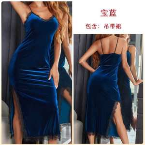 Pyjama sexy en velours et dentelle pour femme, robe de nuit <span class=keywords><strong>longue</strong></span> à bretelles, <span class=keywords><strong>dos</strong></span> <span class=keywords><strong>nu</strong></span>, tentation, pour l'automne et l'hiver - Product Image 4