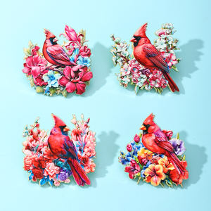 UV 印刷锌合金珐琅别针 - 鲜艳的红衣主教鸟艺术花卉创意设计徽章，适合日常装饰礼品，批量批发 - Product Image 1