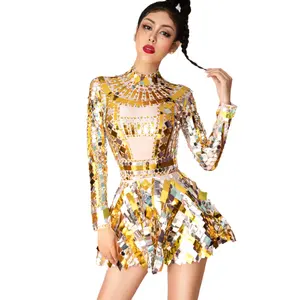 Sexy Gold Bling Glitter Sequins Bodysuit A Line Skirt Birthday Prom Dress Women Stage Performance Dance Costume Sexy Club Dress