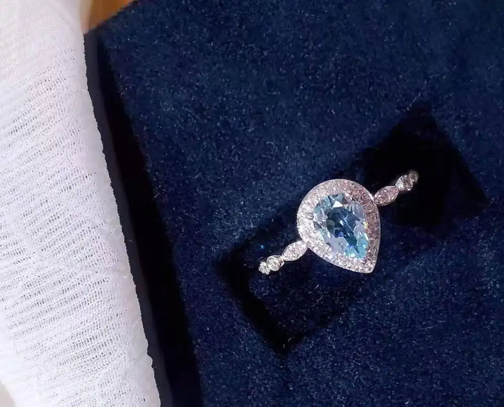 Perhiasan Pernikahan Cincin Aquamarine 18K, Emas Padat Berlian Alami Emas Asli Cincin Pertunangan