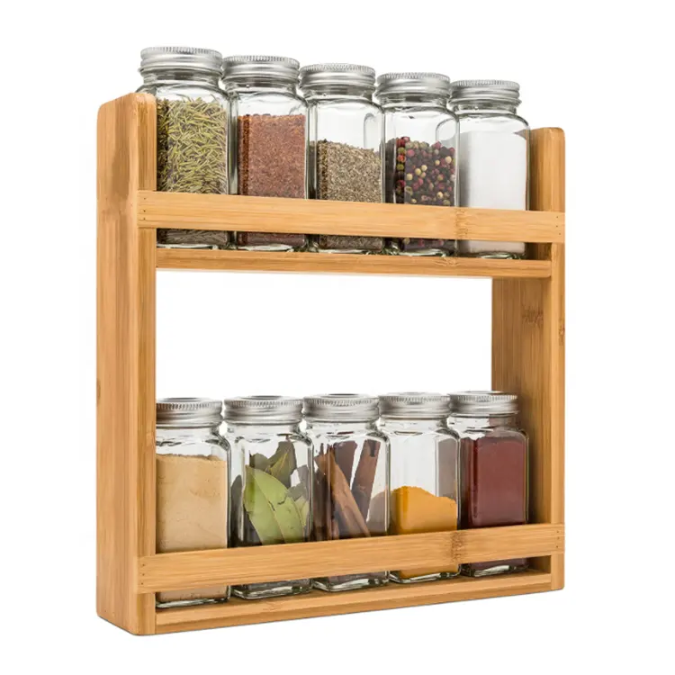 2 tier organizer storage spice seasoning holder shelf kitchen cabinet free-standing wooden spice rack