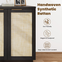 Buffet de rangement moderne en rotin style ferme avec poignées métalliques dorées, en bois foncé, pour salon et salle à manger