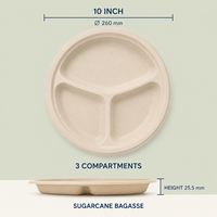 Assiette jetable en bagasse de canne à sucre compostable de 10 pouces à 3 compartiments pour la restauration, les cafétérias et les buffets (vente en gros)