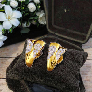 Elegant 18K Gold Clip-on Dome <b>Earrings</b> with Cutout Floral Motif and Diamond Accents Trendy Gift - Product Image 1