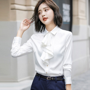 White Ruffle Front Shirt Women Polyester Solid Color Anti-Wrinkle Workwear Spring Autumn Professional Office Wear - Product Image 4