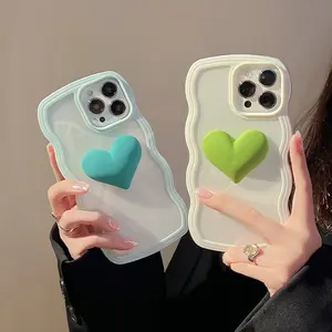 Wave Border INSสไตล์เคสโทรศัพท์หรูหราสําหรับiPhone 15 14 13 12 11 3Dหัวใจใหญ่ใสสําหรับiPhone 15 PRO MAX