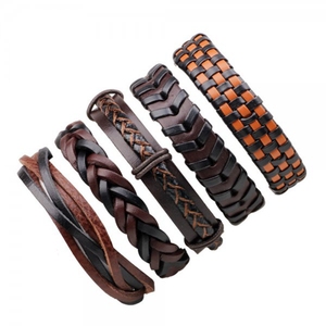 <span class=keywords><strong>Bracelet</strong></span> tressé en cuir de style punk 5 pièces/ensemble <span class=keywords><strong>Bracelet</strong></span> en cuir réglable vintage pour homme - Product Image 2