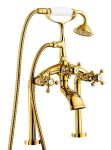 Deck Mount <span class=keywords><strong>เครื่อง</strong></span>ผสมสำหรับห้องน้ำ,ชุดฝักบัวโทรศัพท์หัวทองเหลืองสไตล์ยุโรปโบราณ - Product Image 2