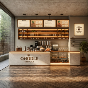 Barra de Café Personalizada con Acabado en Piedra Sintética para Cafetería |   Mostrador de Recepción Moderno para Cafetería y Solución Integral de Diseño de Interiores para Cafetería - Product Image 1