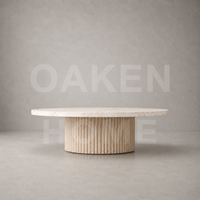 Table basse ronde en travertin OAKEN avec base en bois massif rainuré verticale, table centrale Wabi Sabi, meubles de salon pour villa