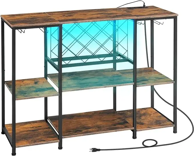 Armario para bar de vinos éxito de ventas al por mayor con luz LED y tomas de corriente, estante para vino industrial, mesa para sala de estar, cocina de roble