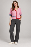 Cardigan en tricot personnalisé pour femme, col en V, manches courtes, bordure contrastante, boutons, pull, hauts tricotés de printemps, fabricant de mode