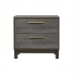 Table de chevet contemporaine à 2 tiroirs, plateau en bois gris antique, structure en métal, poignées en laiton, meubles de chambre à coucher - Product Image 1