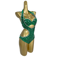 Combinaison sexy en strass vert et cristal, ensemble 2 pièces, femme, découpe, spectacle, pole dance, justaucorps, club, DJ, tenue de danseuse gogo