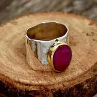 CAOSHI Klassische Glänzende Kreisförmige Silber- und Goldfarbene Messingringe mit Rotem Stein und Glas Zweifarbige Damen-Partyringe mit Breitem Band