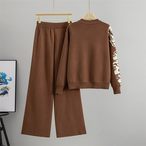 Women's Fall/Winter Printed Metal Buckle Knit <b>Cardigan</b> <b>Sweater</b> Wide-Leg Pants Casual 2-Piece Set Fashion - Product Image 6