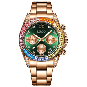 นาฬิกาผู้หญิงแฟชั่นวงกลมสีรุ้งเพชรปฏิทินนาฬิกากันน้ำสายเหล็ก - Product Image 2