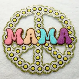 Wholesale Embroidery Glitter Peace Sign Mama Logo Applique Patch Iron On Holiday Spring-Mother Chenille Patches