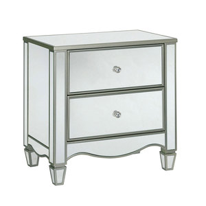 Glam Silver Finish Nightstand <b>Mirror</b> <b>Panels</b> Curved Feet Crystal Knobs Bedside Table Bedroom Furniture - Product Image 3