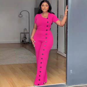 S10893 <span class=keywords><strong>Mono</strong></span> de pierna ancha con escote asimétrico para mujer con detalle de botón Diseño de cintura de estilo europeo y americano - Product Image 4