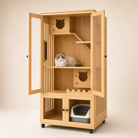 Gabinete para Gatos Estilo Hogar, Villa de Madera para Mascotas con Puertas de Visión, Estante para Escalar y Área de Arena