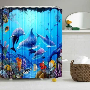 Dolphin Shower Curtain Blue Underwater World Marine Life Polyester Fabric Kids Ocean Theme Bathroom Decor Set with 12 Hooks