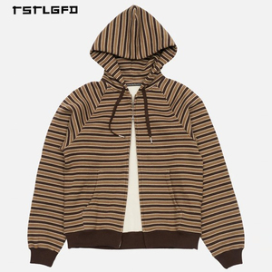 Sudadera con capucha y cremallera completa a rayas personalizada para hombre, con patrón <span class=keywords><strong>de</strong></span> rayas finas y puños acanalados en tonos tierra, para marca <span class=keywords><strong>de</strong></span> ropa <span class=keywords><strong>de</strong></span> etiqueta privada - Product Image 2