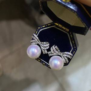 S925 Sterling <b>Silver</b> Bowknot Pearl Stud <b>Earrings</b>, 9-10mm Aurora Edison Pearls, Front Flawless, Minor Blemish - Product Image 2