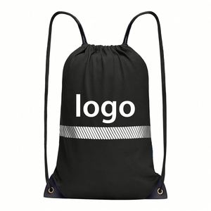 Sac à dos promotionnel réfléchissant noir avec cordon de serrage, sac de courses réutilisable en polyester - Product Image 1