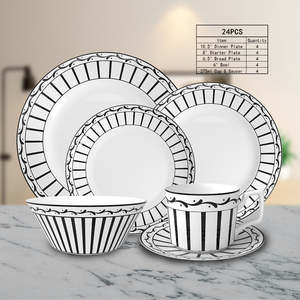 Vajilla de Porcelana Fina de Alta Calidad con Borde Negro Curvo, Juego de Platos y Tazones Florales de Lujo para Bodas y Eventos, Personalizable para Hoteles - Product Image 1