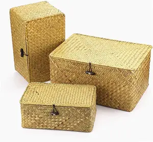 Woven Basket With Tassel Seagrass For Sale Supplier Shopping rattan Gift Hand-Woven Bread Baskets Bamboo Handle Set Of 3 Basekt