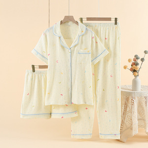 Set Pigiama in Crepe di Cotone, Abbigliamento da Notte Estivo per Donna con Colletto <span class=keywords><strong>e</strong></span> Maniche Corte, Completo Comodo per Casa con Pantaloncini <span class=keywords><strong>e</strong></span> Pantaloni Lunghi - Product Image 3