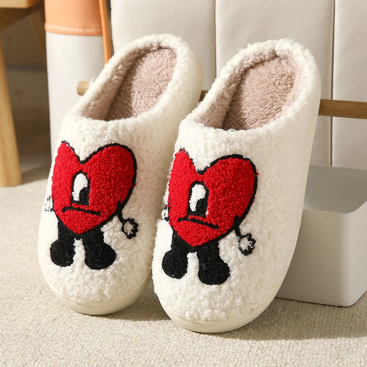 New Love Autumn And Winter Womens Cotton Slippers Bad Bunny Love Cartoon Printed Slippers Couple