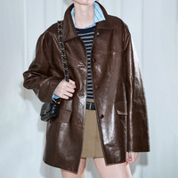 Manteau trench en cuir d'agneau véritable ciré, couleur chocolat, boutonné devant, coupe ample, pour femme