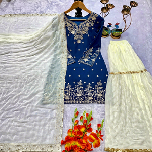 Ensemble Kurta brodé bleu royal pour femme avec dupatta à sequins blancs et palazzo, tenue ethnique Salwar - Product Image 1