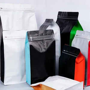 Sac de café d'emballage de papier d'aluminium à fond plat refermable imprimé en gros avec valve