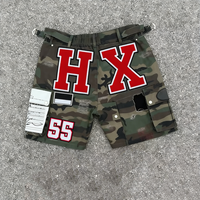 Shorts en denim écologiques 100% coton pour hommes, avec broderie chenille personnalisée, déchirés et effet usé, style cargo camouflage