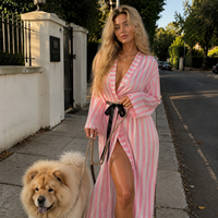 Nouvelle Robe de Chambre en Satin Rose à Rayures pour Femme 2026, Manches Longues, Douce et Légère, Peignoir Sexy, Vêtement de Nuit et de Détente, Pyjama Personnalisable avec Logo