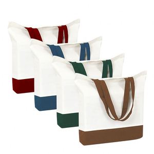Two Tone <b>Plain</b> <b>Canvas</b> Tote Bag with Zipper <b>Large</b> Capacity Color Block Shoulder Bag for Daily Grocery Storage Use - Product Image 2