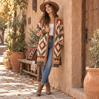 Cardigan long sur mesure pour femme, style bohème, jacquard géométrique, tricot oversize, manteau ouvert, tricot ethnique vintage, OEM ODM