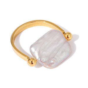 Anillo de Perlas, Chapado en Oro de 18K, Acero Inoxidable, Geométrico, Cuadrado, Perla de Agua Dulce, Engaste en Bisel, Joyería para Uso Diario de Mujer - Product Image 5