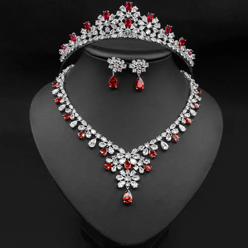 Set perhiasan pernikahan pengantin zirkon warna-warni Set anting kalung mahkota modis baru yang dipersonalisasi