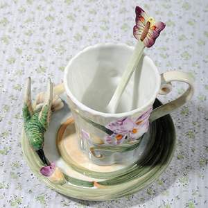 Juego de taza de té y platillo de cerámica 6OZ 3D pintado a mano <span class=keywords><strong>Colibrí</strong></span> y flor taza de <span class=keywords><strong>café</strong></span> regalo para mujeres - Product Image 6