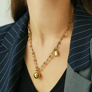 Collar de cadena de herradura pesada, accesorios de bola grande tipo cerradura de alta calidad pareja de moda